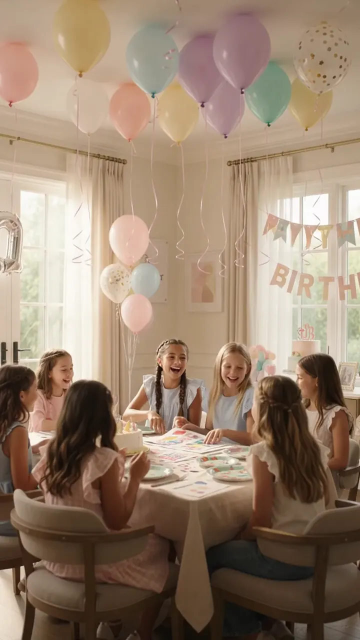 Kinderen aan een gedekte tafel op een verjaardagsfeestje kiezen ontwerpen voor hun tas