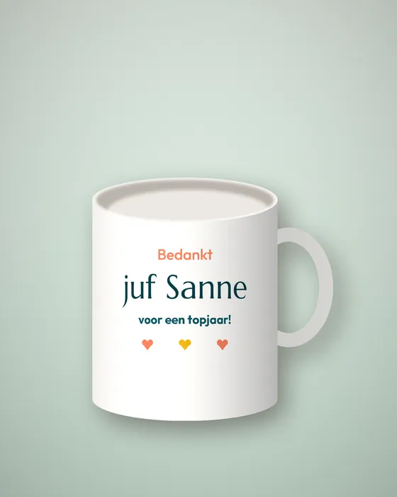 Witte mok met de tekst Bedankt juf Sanne