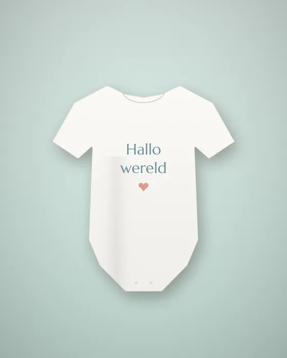 Wit rompertje met de tekst Hallo wereld, bedrukt op een babyshower