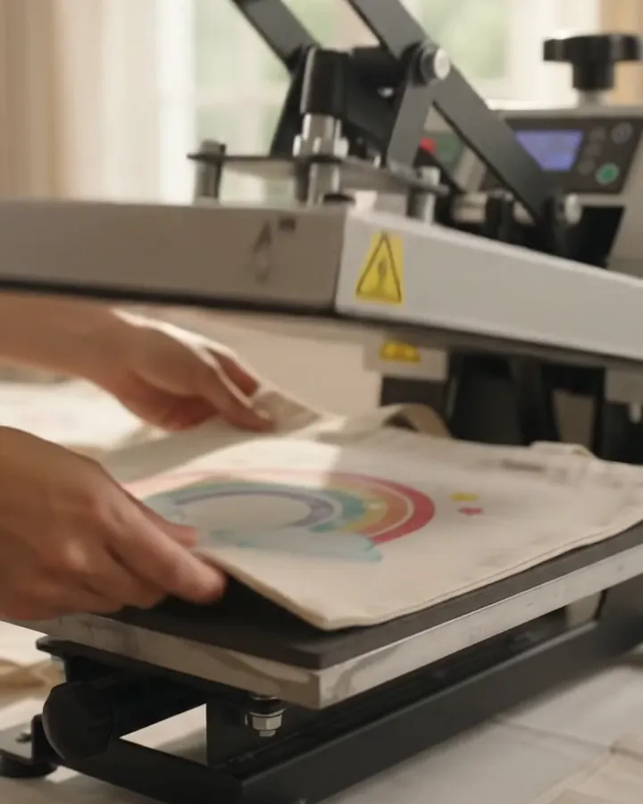 Katoenen tas met regenboogontwerp in de transferpers