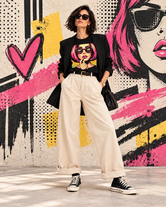 Zwart t-shirt met pop-art print van een vrouw met roze zonnebril en de tekst I don't care